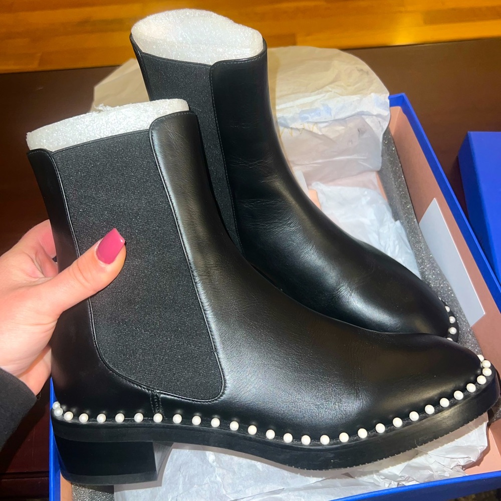 Stuart Weitzman Black Ankle Boots with Pearl Detailing